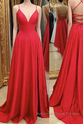 A Line V Neck Red Backless Long Semi Formal Prom Dresses, Red A Line V Neck Open Back Formal Evening Dresses